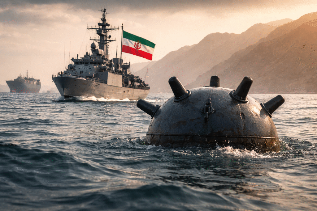 Naval mine floating in the Strait of Hormuz with a warship and oil tanker navigating nearby under a hazy sunset backdrop