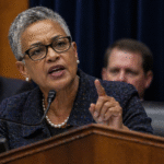 A government hearing room scene with a lawmaker speaking into a microphone while addressing officials seated behind her during a formal session