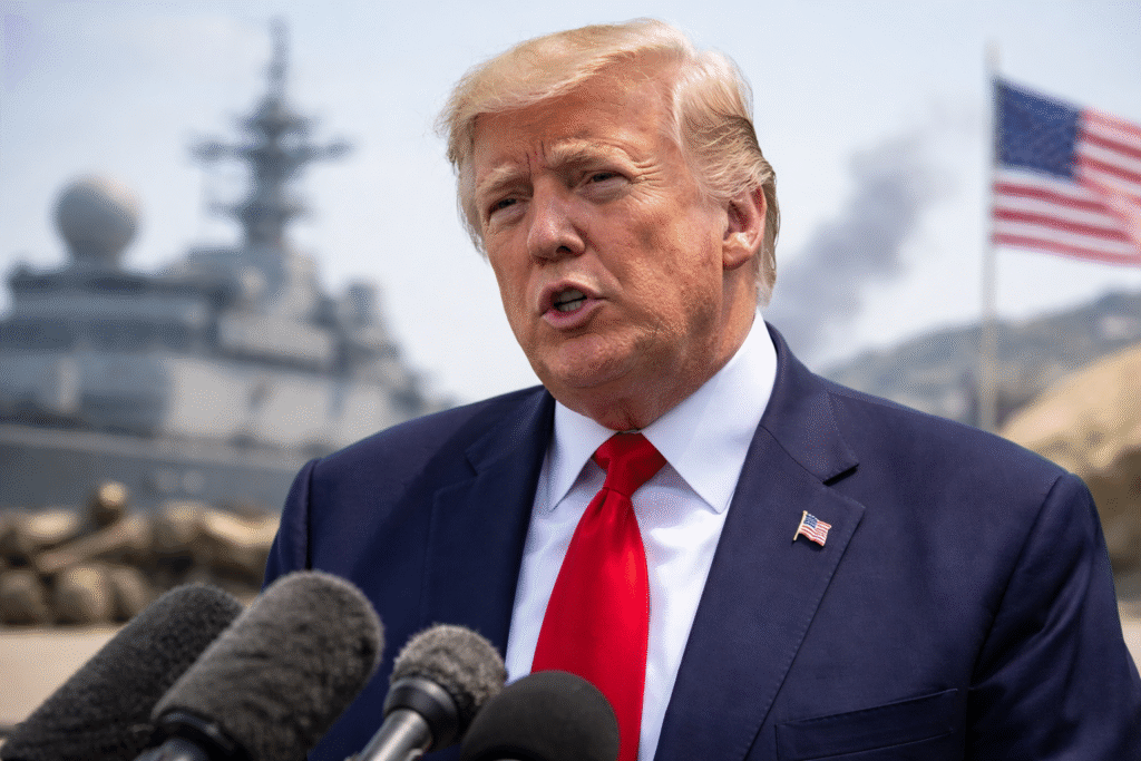 President Donald Trump speaking at an outdoor press briefing with microphones in the foreground, a U.S. naval ship and American flag visible in the background