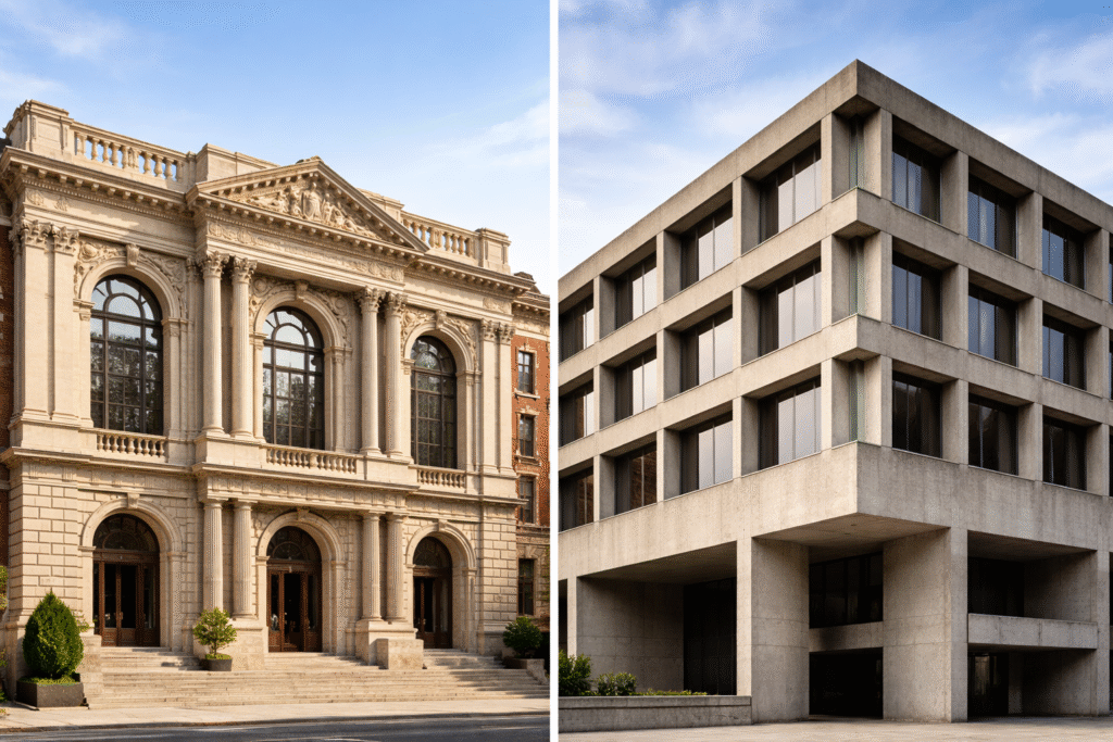 Ornate classical building with columns and detailed stonework beside a modern concrete structure with clean lines and minimal design