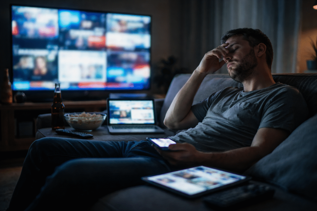 Man reclining on a couch in a dimly lit room, surrounded by multiple glowing screens displaying blurred news and media content, appearing mentally exhausted and overwhelmed.
