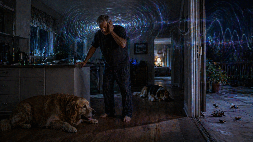 Man stands inside a dimly lit home at night holding his head in distress, while dogs lie nearby and insects are scattered on the floor, with surreal wave-like patterns suggesting an unusual environmental disturbance.