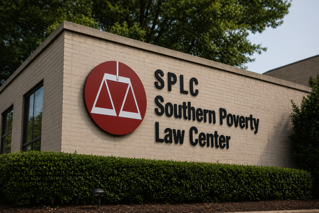 Exterior view of the Southern Poverty Law Center building with its logo and name displayed on a brick wall surrounded by greenery.
