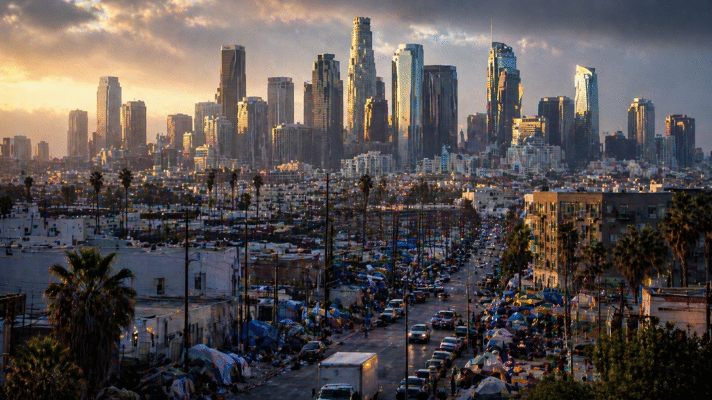 Downtown Los Angeles skyline at sunset with high-rise buildings overlooking crowded streets lined with tents and traffic, showing contrast between urban wealth and hardship