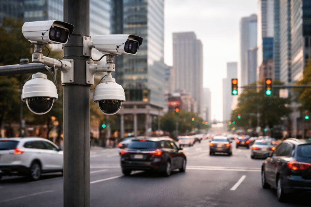 Traffic cameras and license plate readers mounted on a pole at a busy city intersection, with cars driving through and modern buildings in the background, representing urban surveillance technology
