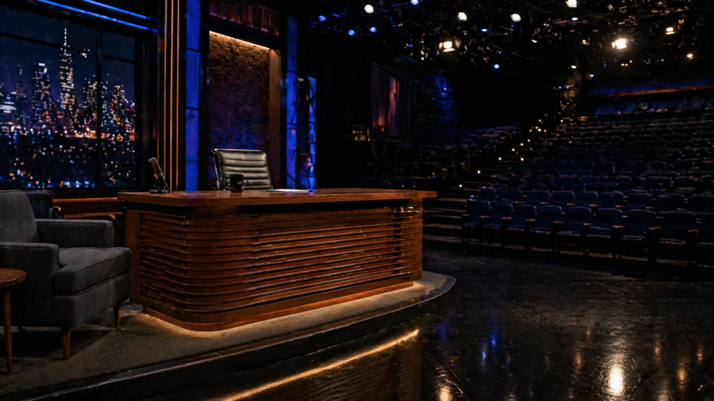 Empty late-night talk show studio with a host desk, chair, and microphone under stage lights, with rows of unoccupied audience seats fading into darkness.