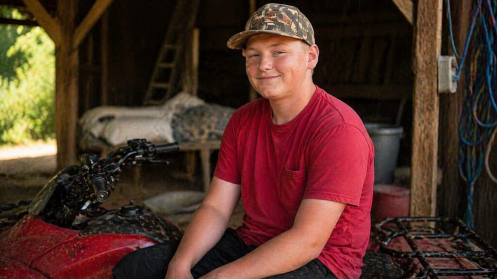Teenage boy wearing a red shirt and camouflage cap sitting on a muddy ATV inside a rustic barn, smiling in a natural, warmly lit setting