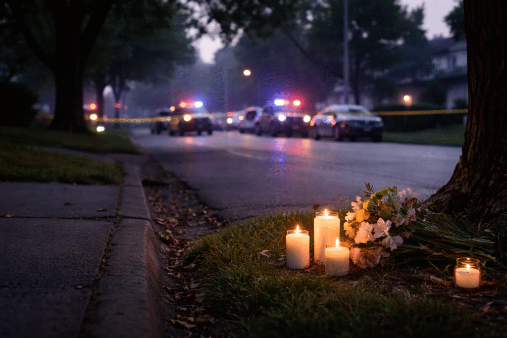 Candles and flowers placed on a residential sidewalk with police vehicles and flashing lights in the background, marking the scene of a tragic mass shooting in Louisiana.