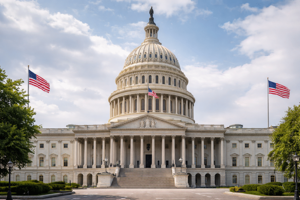 U.S. Capitol building in Washington, D.C. under daylight with American flags on both sides and a partly cloudy sky above, symbolizing government and legislative activity