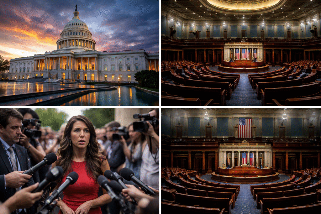 U.S. Capitol building and empty House chamber with press microphones in foreground, representing political controversy and congressional scandal coverage