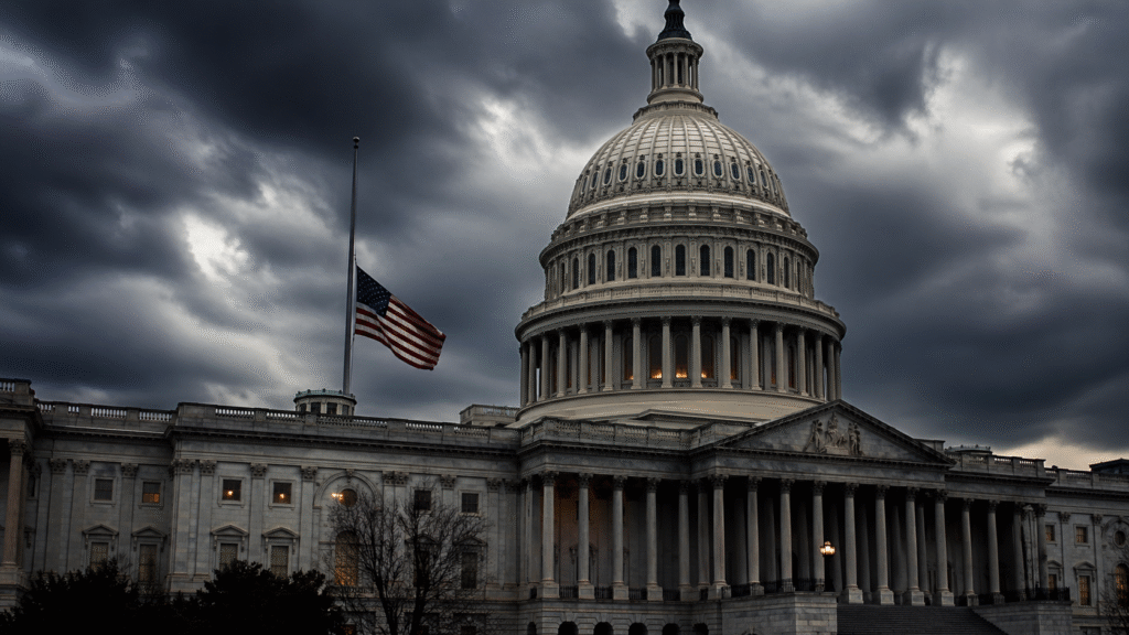 U.S. Capitol building beneath dark storm clouds with an American flag at half-mast, conveying political tension and national uncertainty