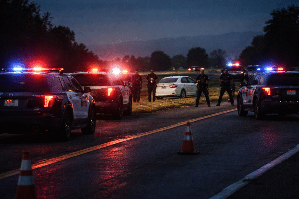 Law enforcement vehicles with flashing lights surround a stopped car on a highway while officers stand in a defensive formation during an active incident.