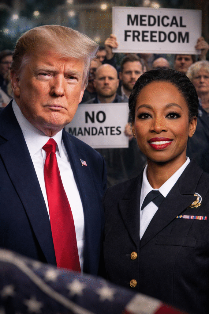 President Donald Trump standing beside Erica Schwartz in uniform, with a blurred crowd behind them holding signs related to medical freedom and mandates.