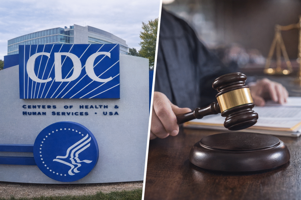 Split image showing a CDC building sign on the left and a judge’s hand striking a gavel in a courtroom on the right, symbolizing a legal ruling impacting public health policy.