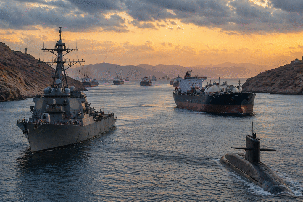 Naval warship and submarine navigating a narrow waterway alongside large cargo ships at sunset, representing ongoing tensions in a strategic shipping route.