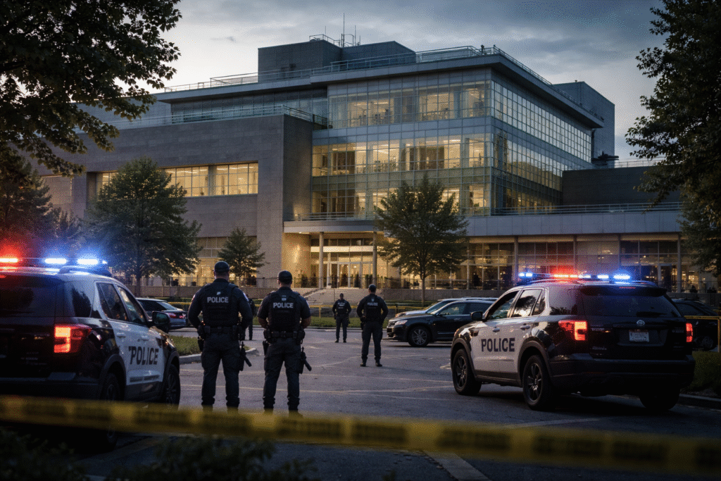 Police officers and vehicles securing a modern university campus building at dusk, with emergency lights flashing and a cordoned-off area visible in the foreground