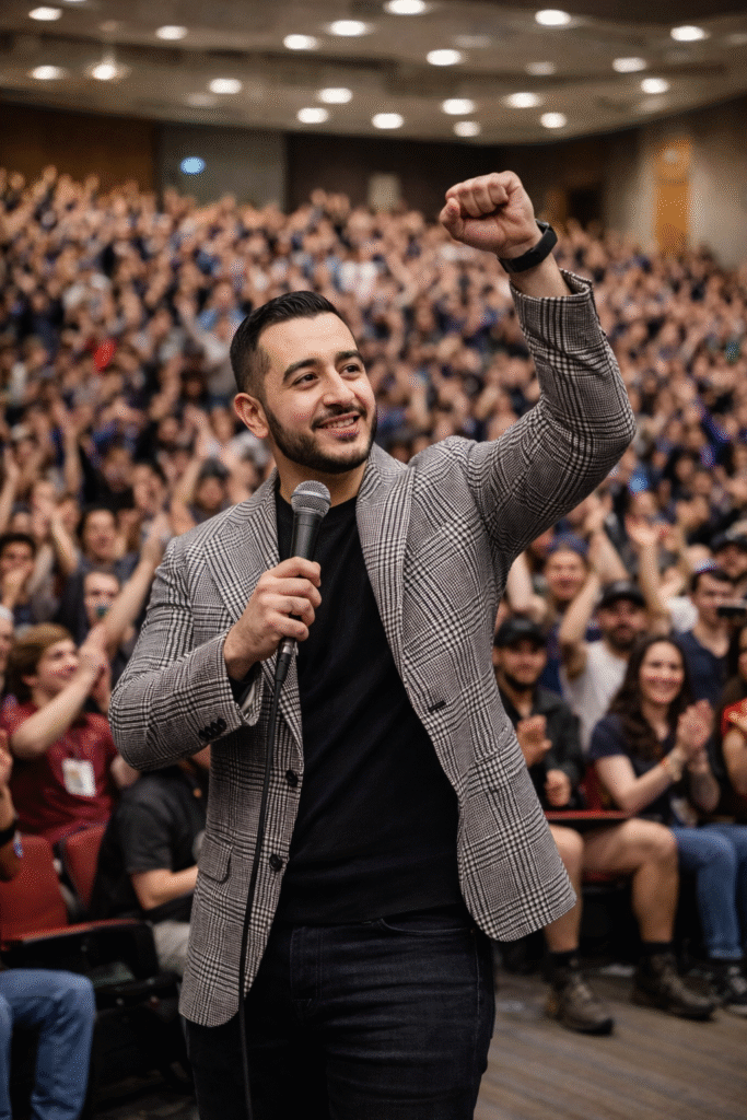 Man in a checkered blazer holding a microphone raises his fist while addressing a large, cheering audience in a packed lecture hall