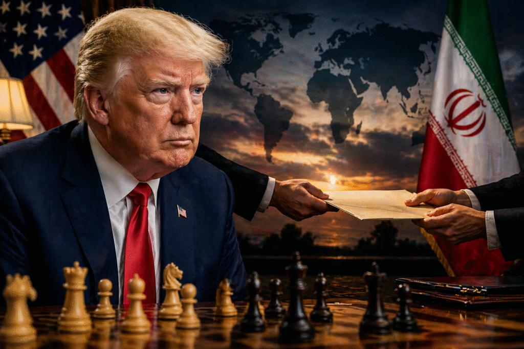 President Donald Trump seated at a desk with a chessboard, as a document is exchanged in front of U.S. and Iranian flags with a world map backdrop, symbolizing high-stakes negotiations.
