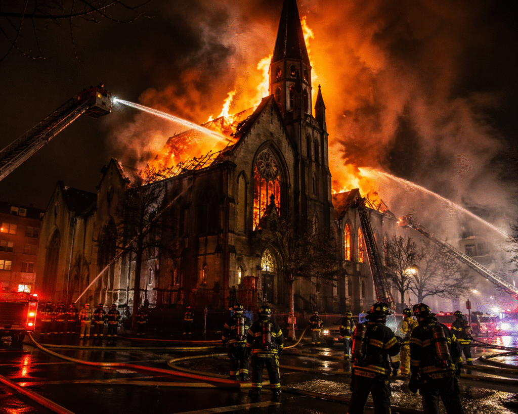Historic church engulfed in flames at night as firefighters battle intense blaze with hoses and ladder trucks, heavy smoke rising above the building