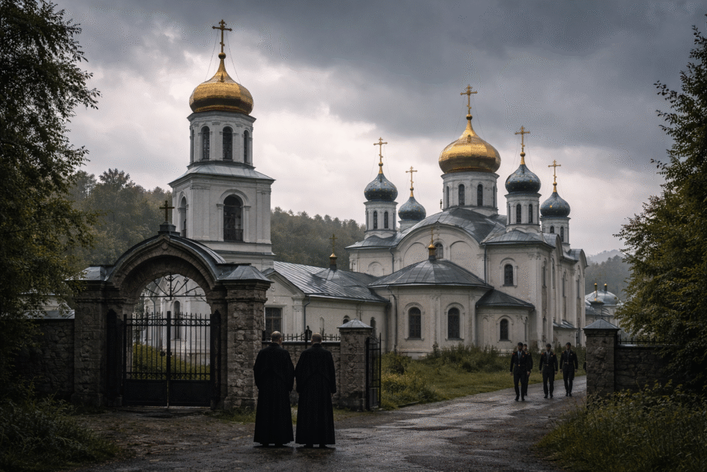 Orthodox monastery with golden domes under dark clouds as monks stand near entrance and uniformed men approach, symbolizing tension between church and authorities