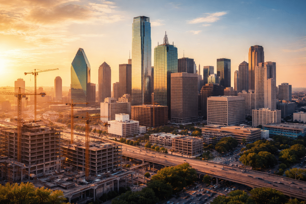 Dallas skyline at sunrise with modern skyscrapers and active construction cranes in the foreground, overlooking busy highways and growing urban development