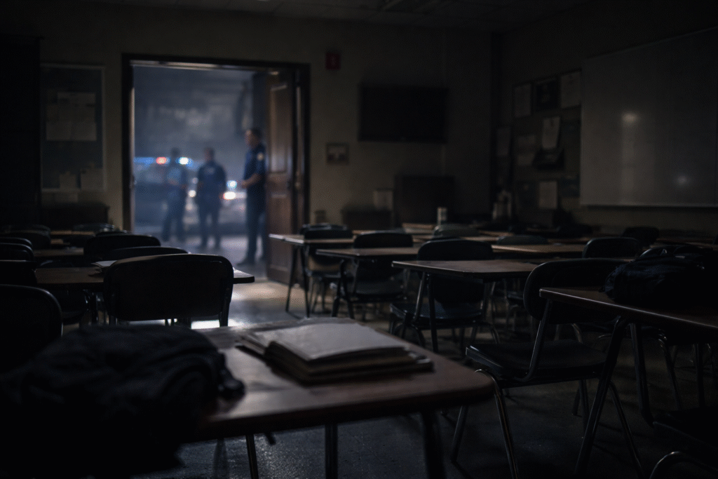 Dimly lit college classroom with empty desks and scattered belongings, while police officers and flashing lights are visible through an open doorway, suggesting the aftermath of an emergency incident.