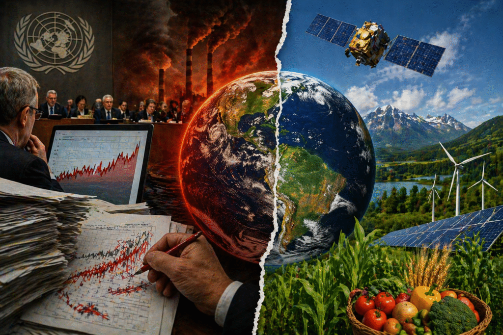 Split image showing industrial pollution and rising data charts on one side and a clean, green landscape with renewable energy on the other, symbolizing contrasting views on climate change.