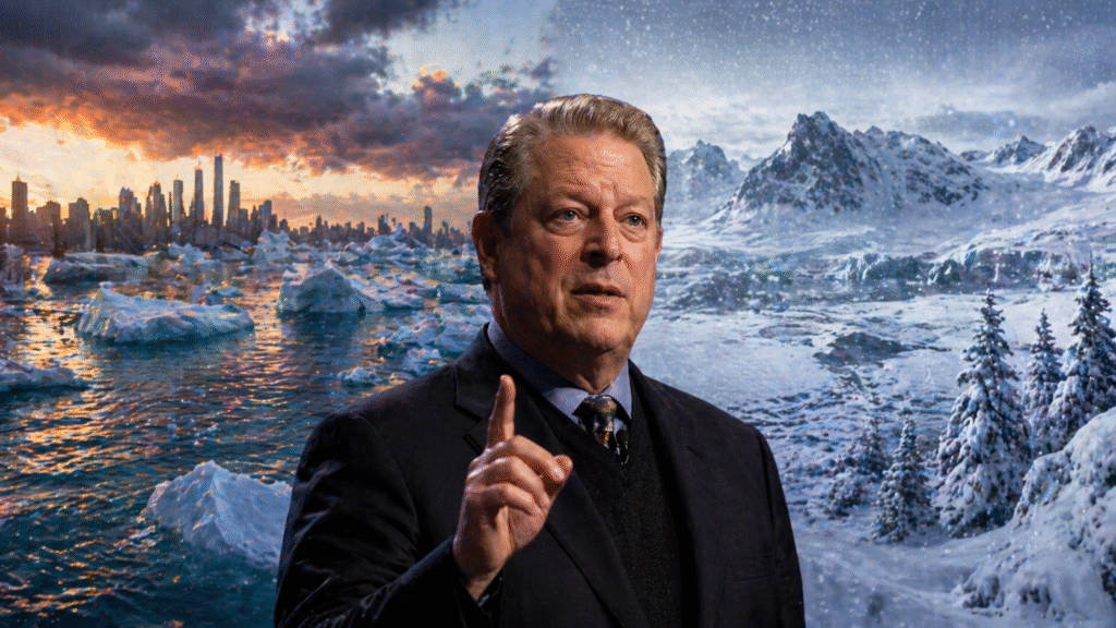 Composite image showing a man speaking in the foreground with a split background of melting ice and flooded cityscape on one side and a frozen, snow-covered mountain landscape on the other, illustrating contrasting climate scenarios.