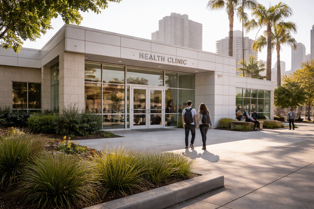 Exterior of a modern healthcare clinic building with people walking near the entrance and city buildings in the background