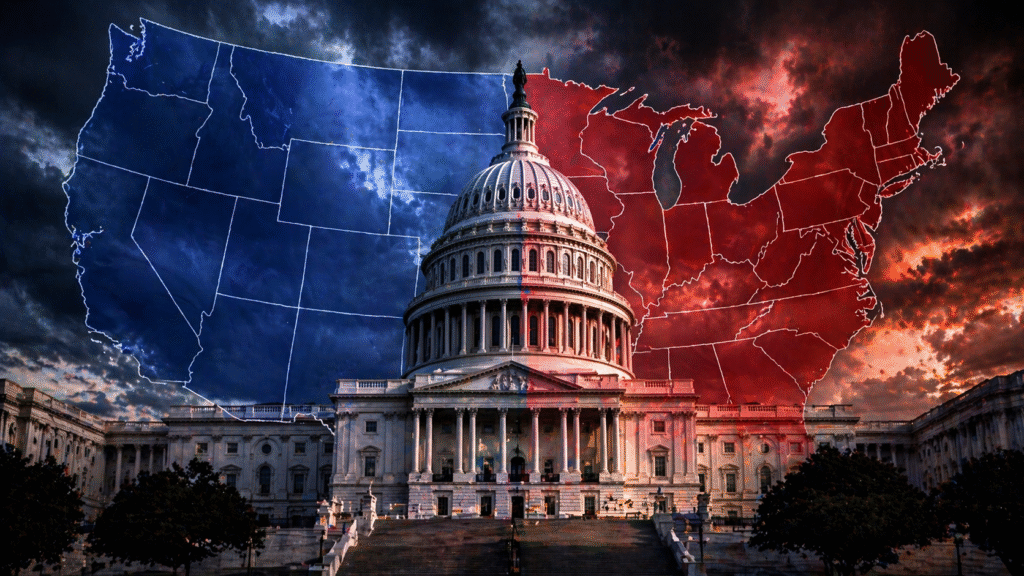U.S. Capitol building with a divided red and blue map overlay under stormy skies, symbolizing political division and election system tensions