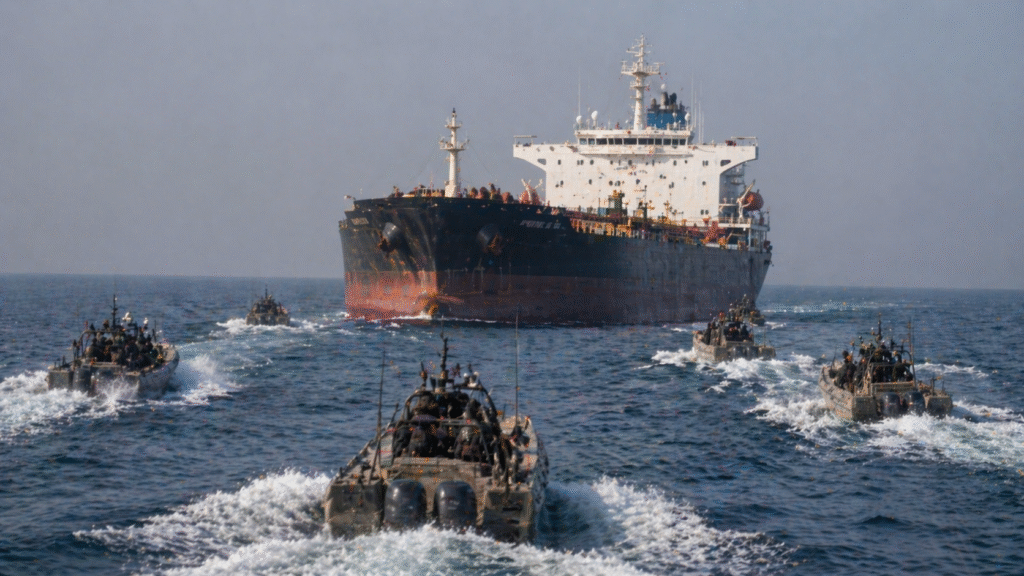 Large cargo ship at sea surrounded by multiple fast boats approaching at speed, creating a tense maritime standoff in a strategic shipping route