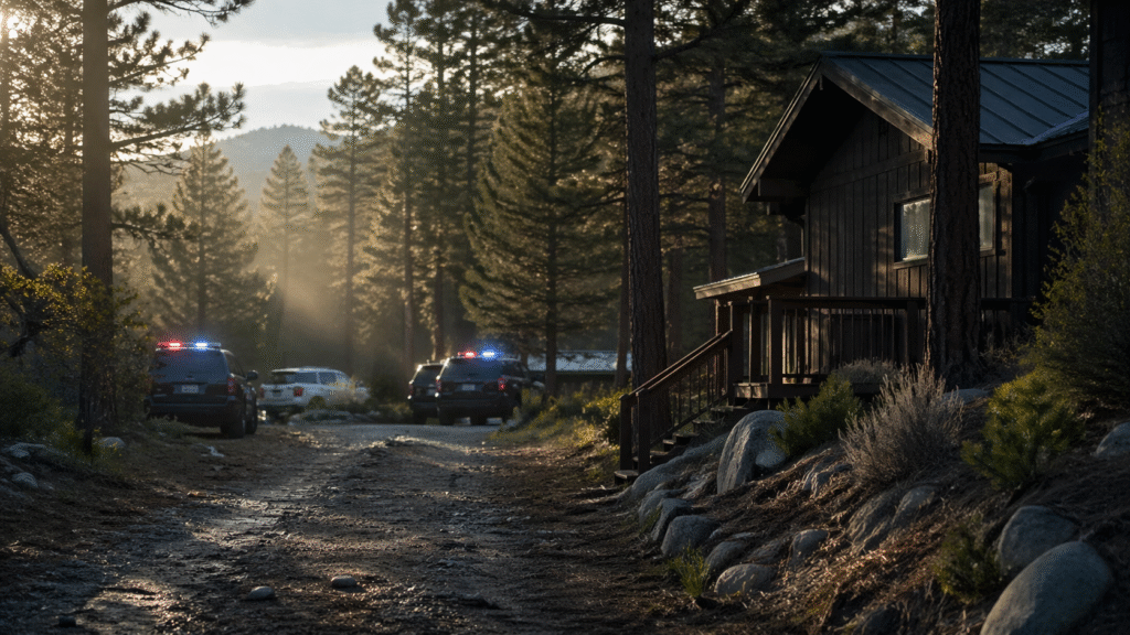 Police vehicles parked near a wooded mountain cabin in Colorado during an early morning investigation scene