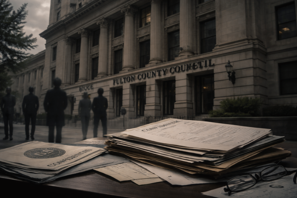 Fulton County Courthouse under overcast skies with a stack of government documents and a DOJ envelope in the foreground, symbolizing a legal investigation.