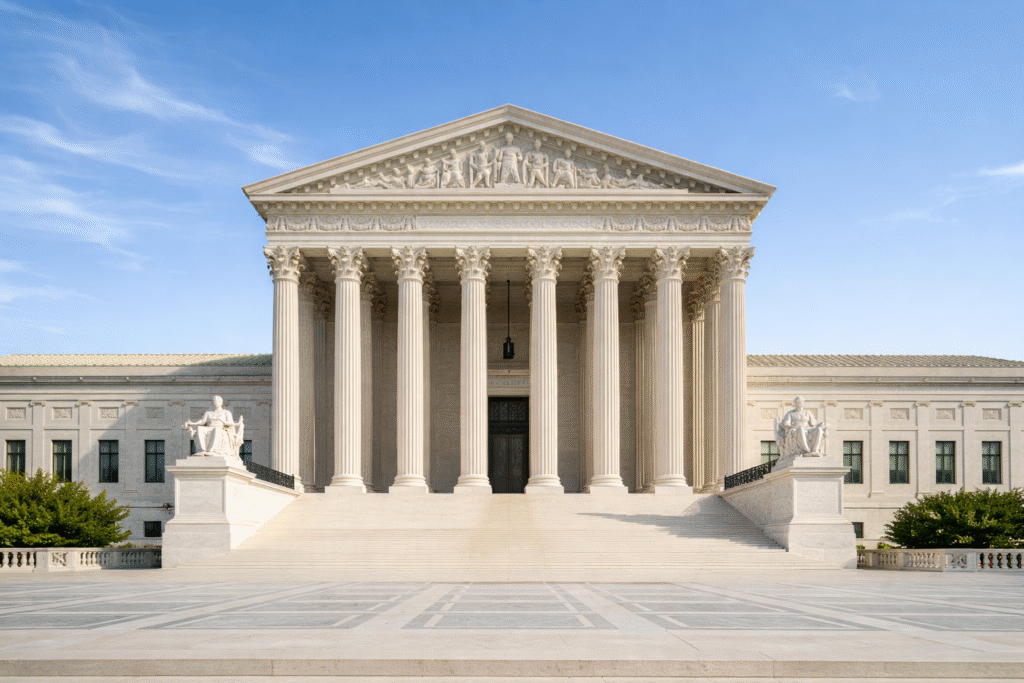United States Supreme Court building with large columns and steps under a clear blue sky in Washington, D.C.