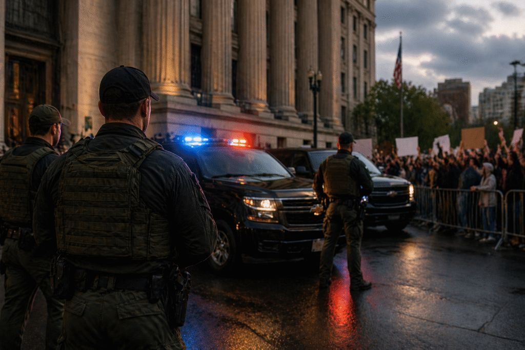 Law enforcement officers and vehicles outside a government building facing a crowd of protesters, illustrating tensions over immigration enforcement policies