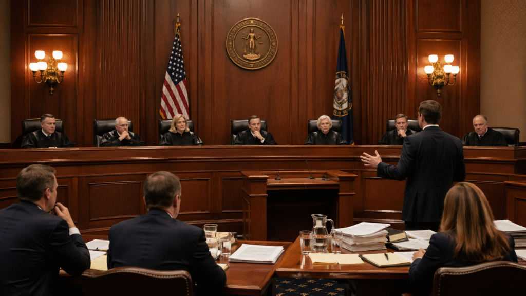 Judges seated at a high bench in a wood-paneled courtroom as attorneys present arguments in a formal legal hearing