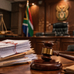 Courtroom scene with a judge’s gavel, stacked legal documents, and scales of justice in the foreground, set against a South African courtroom backdrop with wood paneling and national flag visible.