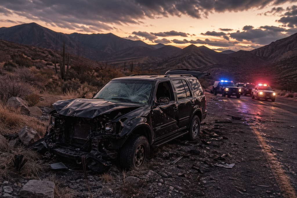 Damaged black SUV on a remote desert road at dusk with police vehicles and flashing lights in the background after a crash scene