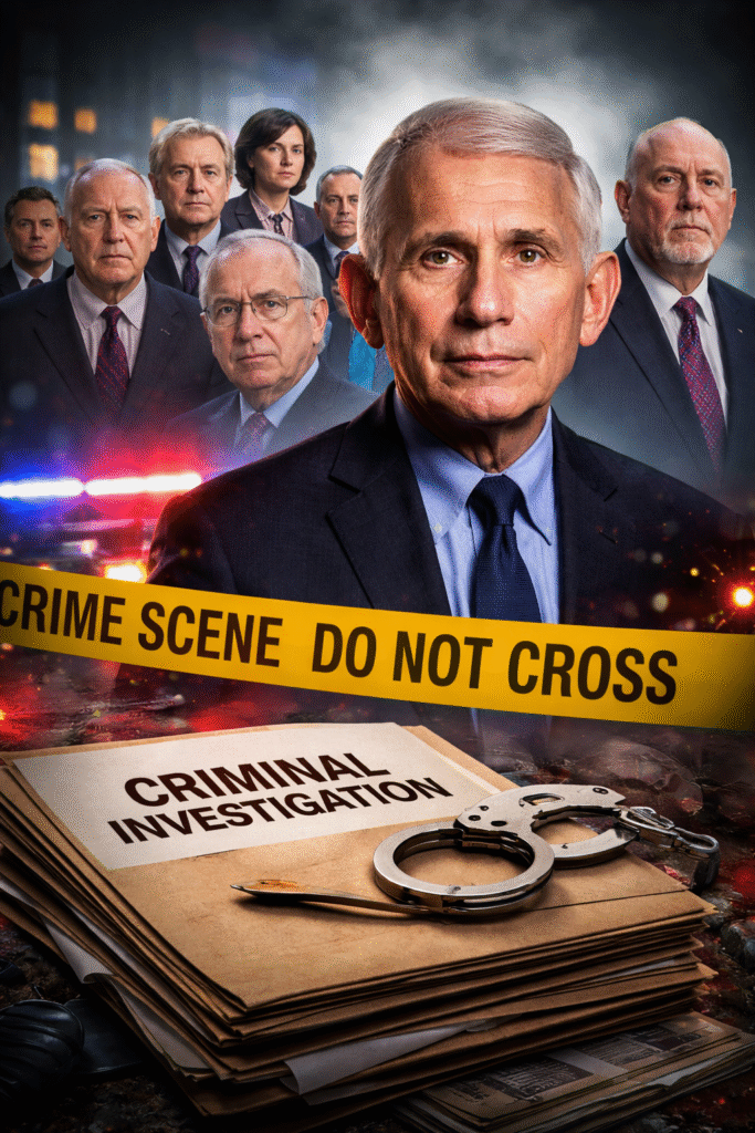 Close-up of a senior male public health official in a suit, with a group of officials behind him, police lights in the background, and a stack of investigation files with handcuffs in the foreground.