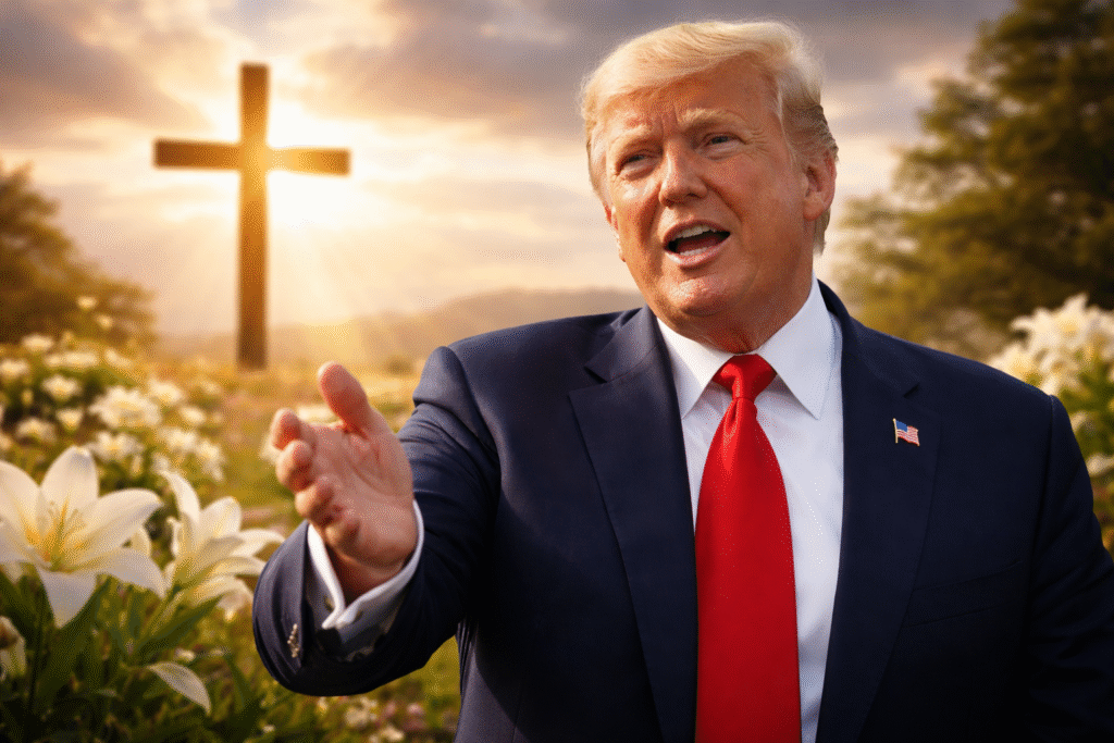 President Donald Trump speaking outdoors with a cross illuminated by sunrise in the background and white lilies in the foreground, symbolizing Easter and the Resurrection