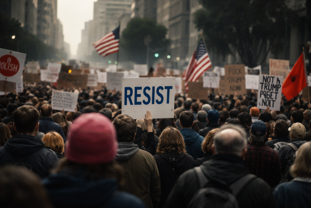 Crowd of protesters gathered in a U.S. city street holding signs and American flags, with a central figure raising a blank protest sign amid a dense, blurred crowd.