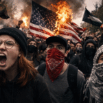 Crowd of masked protesters gathered in a tense demonstration as an American flag burns in the background, with raised fists and smoke filling the scene