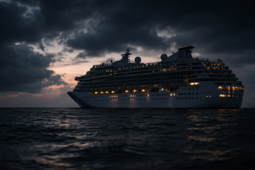 Large cruise ship at sea under dark, stormy skies at dusk, with a single illuminated cabin window suggesting an isolated incident onboard.