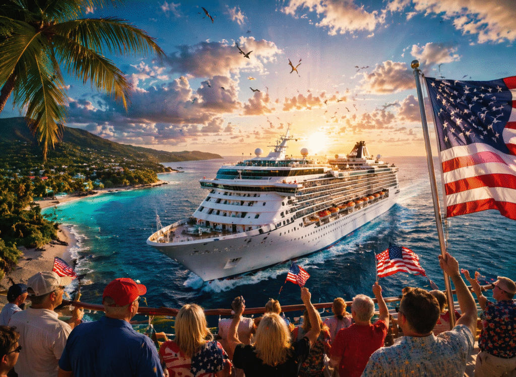 Large cruise ship sailing past a tropical island at sunset, with passengers on deck waving American flags and a group in the foreground raising drinks while overlooking the ocean.