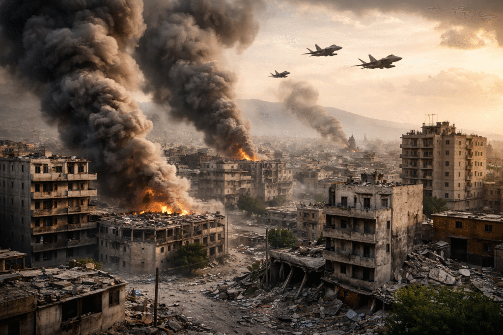 War-damaged urban area with buildings in ruins and thick smoke rising from fires, while fighter jets fly overhead against a hazy sky