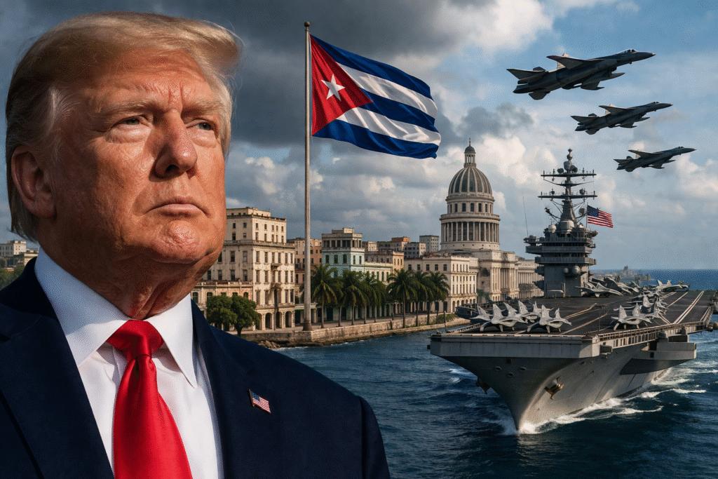 Composite image of President Donald Trump with a Cuban city skyline, a large U.S. aircraft carrier, and fighter jets flying overhead under a cloudy sky.