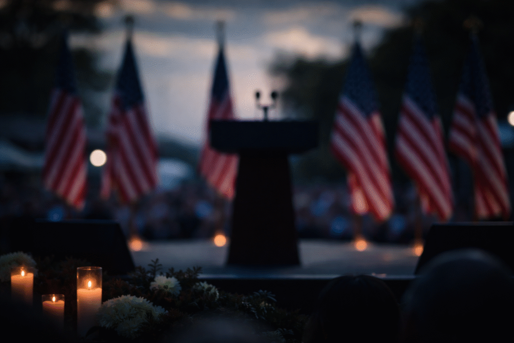 Blurred podium at a political rally at dusk with American flags and candles in the foreground, creating a somber, memorial atmosphere