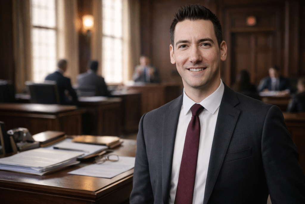Man in a dark suit and red tie standing in a courtroom, with short dark hair and a slight smile, legal documents on a desk in the foreground and blurred figures in the background