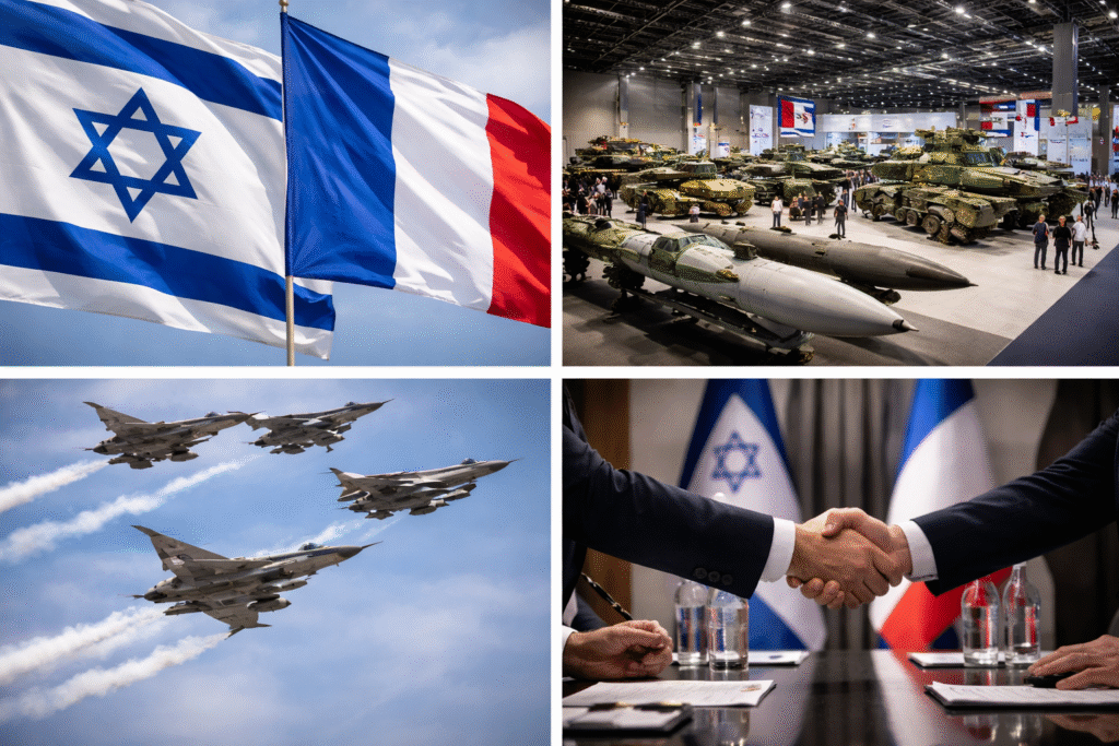 Collage showing Israeli and French flags, a military defense exhibition with equipment on display, fighter jets flying in formation, and officials shaking hands during a diplomatic meeting