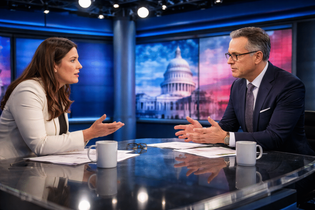 Two individuals engaged in a tense discussion across a desk in a television news studio, with bright studio lights and a government building displayed on screens in the background